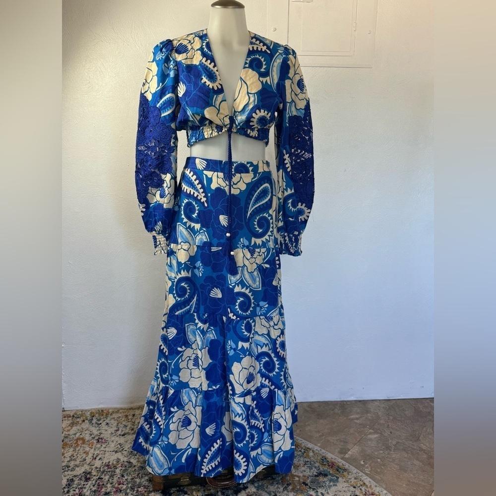 House of Harlow Long Sleeve Repeat Linen Top Tiered Skirt Set Matching flower - Picture 9 of 12